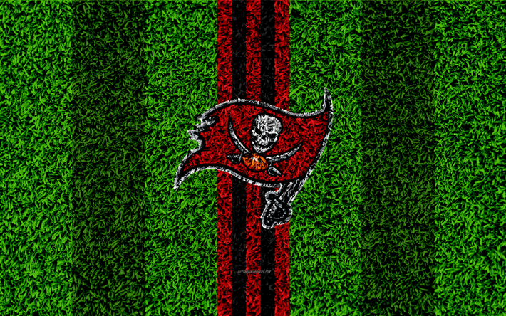 Tampa Bay Buccaneers, logo, 4k, grass texture, emblem, football lawn, red black lines, National Football League, NFL, Tampa, Florida, USA, American football