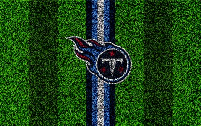 O Tennessee Titans, logo, 4k, grama textura, emblema, futebol gramado, azul linhas, A Liga Nacional De Futebol, NFL, Nashville, Tennessee, EUA, Futebol americano
