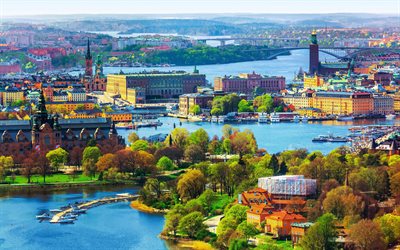 Stockholm, 4k, spring, panorama, swedish capital, cityscapes, Sweden, Europe