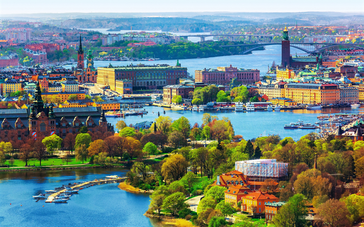 Stockholm, 4k, v&#229;ren, panorama, svenska huvudstaden, stadsbilder, Sverige, Europa