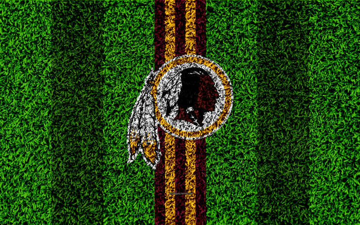 Redskins de Washington, logotipo, 4k, el c&#233;sped de textura, emblema de f&#250;tbol de c&#233;sped, borgo&#241;a l&#237;neas amarillas, Liga Nacional de F&#250;tbol americano, NFL, Washington, estados UNIDOS, el f&#250;tbol Americano