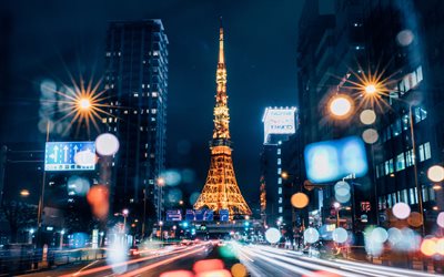 Tokyo Tower, bokeh, nightscapes, TV tower, Tokyo, Shiba-koen district, Minato, Japan, Asia