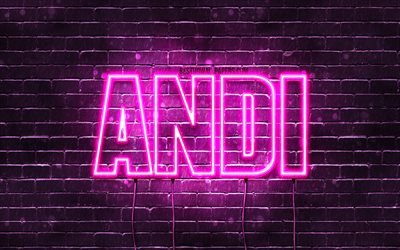Andi, 4k, des fonds d&#39;&#233;cran avec des noms, des noms f&#233;minins, Andi nom, violet n&#233;on, Joyeux Anniversaire Andi, une photo avec le nom Andi