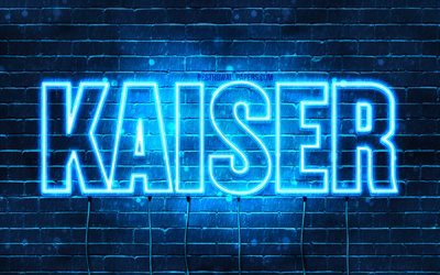 Kaiser, 4k, les papiers peints avec les noms, le texte horizontal, Kaiser nom, Joyeux Anniversaire Kaiser, bleu n&#233;on, une photo avec le nom de Kaiser