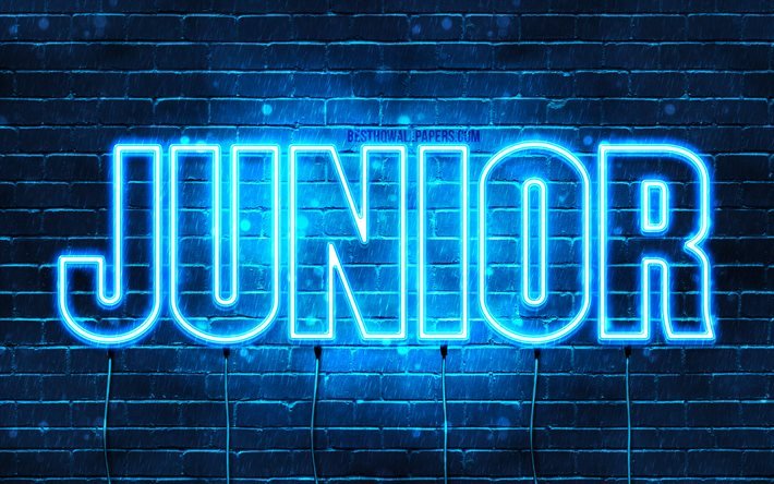 Junior, 4k, taustakuvia nimet, vaakasuuntainen teksti, Junior nimi, Hyv&#228;&#228; Syntym&#228;p&#228;iv&#228;&#228; Junior, blue neon valot, kuvan Junior nimi