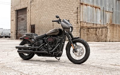 2019, Street Bob Moto, Harley-Davidson, moto noir, ext&#233;rieur, american motos