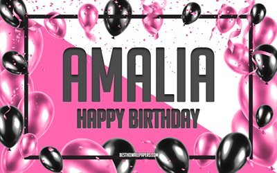 お誕生日おめでアマリア, お誕生日の風船の背景, アマリア, 壁紙名, アマリアお誕生日おめで, ピンク色の風船をお誕生の背景, ご挨拶カード, アマリアの誕生日