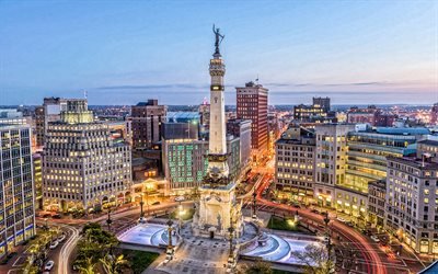 Indianapolis, The Indiana State Soldiers and Sailors Monument, Monument Circle, evening, sunset, monument, Indianapolis cityscape, skyline, Indiana, USA