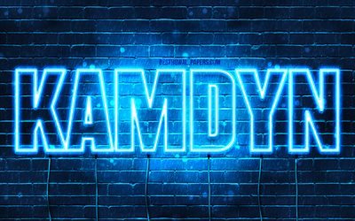 Kamdyn, 4k, pap&#233;is de parede com os nomes de, texto horizontal, Kamdyn nome, Feliz Anivers&#225;rio Kamdyn, luzes de neon azuis, imagem com Kamdyn nome