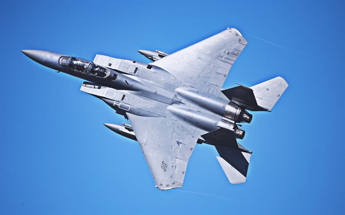 4k, McDonnell Douglas F-15E Strike Eagle, bleu ciel, de l&#39;Arm&#233;e Am&#233;ricaine, l&#39;US Navy, McDonnell Douglas, de chasse, de Vol du F-15, avions de combat, l&#39;Arm&#233;e am&#233;ricaine