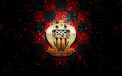 Nice FC, glitter logo, Ligue 1, red black checkered background, soccer, OGC Nice, french football club, OGC Nice logo, mosaic art, football, France