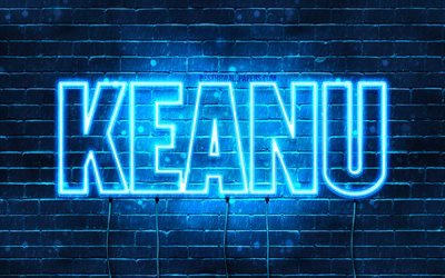 Keanu, 4k, les papiers peints avec les noms, le texte horizontal, Keanu nom, Joyeux Anniversaire Keanu, bleu n&#233;on, photo avec Keanu nom