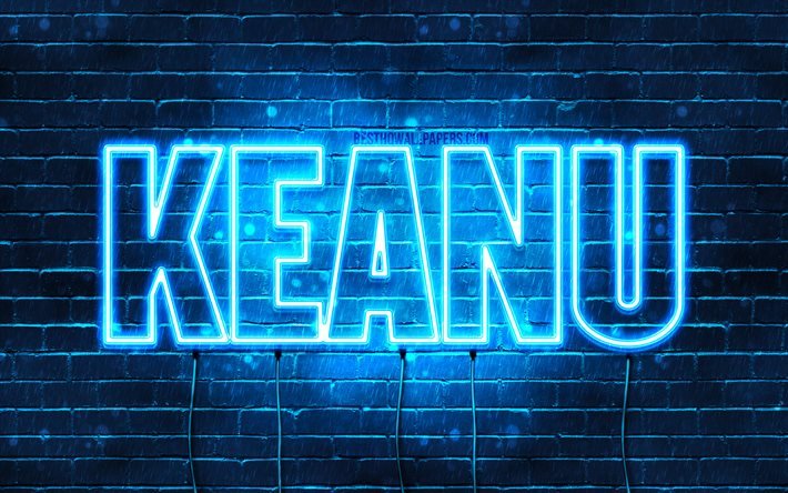 Keanu, 4k, sfondi per il desktop con i nomi, il testo orizzontale, Keanu nome, Felice Compleanno Keanu, neon blu, foto con Keanu nome