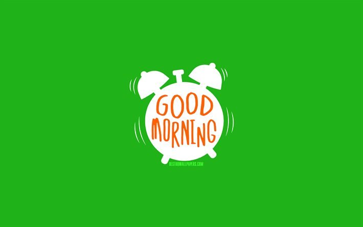 Good Morning, 4k, minimal, green backgrounds, creative, alarm clock, good morning concepts