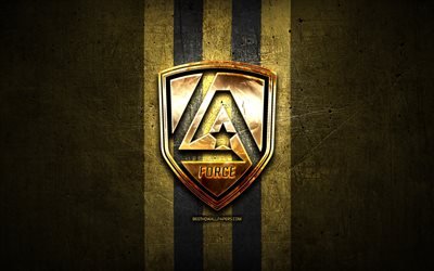 Los Angeles Force FC, golden logo, NISA, brown metal background, american soccer club, Los Angeles Force, National Independent Soccer Association, Los Angeles Force logo, soccer, USA, LA Force