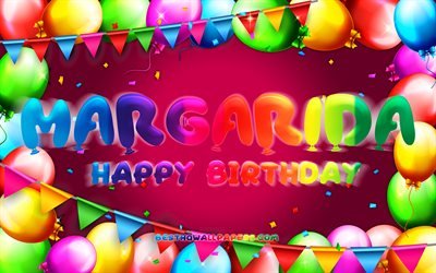 お誕生日おめでMargarida, 4k, カラフルバルーンフレーム, Margarida名, 紫色の背景, Margaridaお誕生日おめで, Margarida誕生日, 人気のポルトガルの女性の名前, 誕生日プ, Margarida