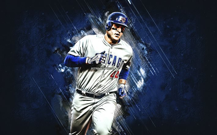 Anthony Rizzo, Chicago Cubs, MLB, american baseball player, portrait, blue stone background, baseball, Major League Baseball