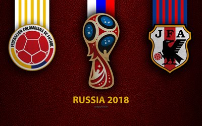 kolumbien vs japan, 4k, gruppe h, fussball, logos, 2018 fifa world cup russia 2018, weinrotem leder-textur, russland 2018-logo, tasse, japan, kolumbien, national-teams, fu&#223;ball-l&#228;nderspiel
