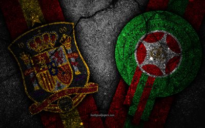 Espanja vs Marocco, 4k, FIFA World Cup 2018, B-Ryhm&#228;n, logo, Ven&#228;j&#228; 2018, Soccer World Cup, Marocco jalkapallo joukkue, Espanja jalkapallo joukkue, musta kivi, asfaltti rakenne