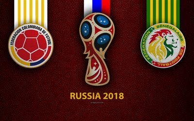 Colombia vs Senegal, 4k, Group H, football, logos, 2018 FIFA World Cup, Russia 2018, burgundy leather texture, Russia 2018 logo, cup, Colombia, Senegal, national teams, football match