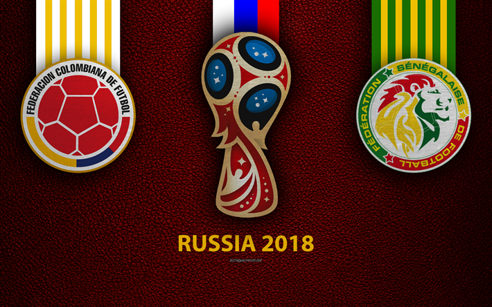 Colombia vs Senegal, 4k, Gruppo H, calcio, loghi, 2018 della Coppa del Mondo FIFA, la Russia 2018, in pelle bordeaux texture, Russia 2018 logo, coppa, Colombia, Senegal, squadre nazionali, partita di calcio