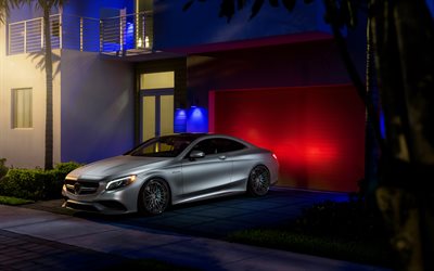 4k, Mercedes-AMG S63 Coupe, night, 2018 cars, tuning, silver S63 Coupe, supercars, Mercedes