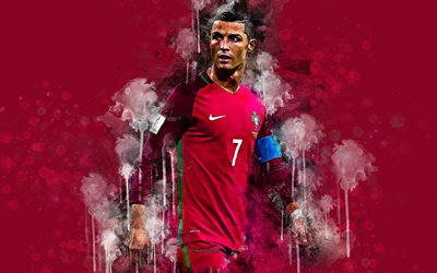 Cristiano Ronaldo, arte, tinta spray, 4k, splash arte, Futebolista portugu&#234;s, arte criativa, Portugal equipa de futebol nacional, o estilo grunge, fundo vermelho, Portugal