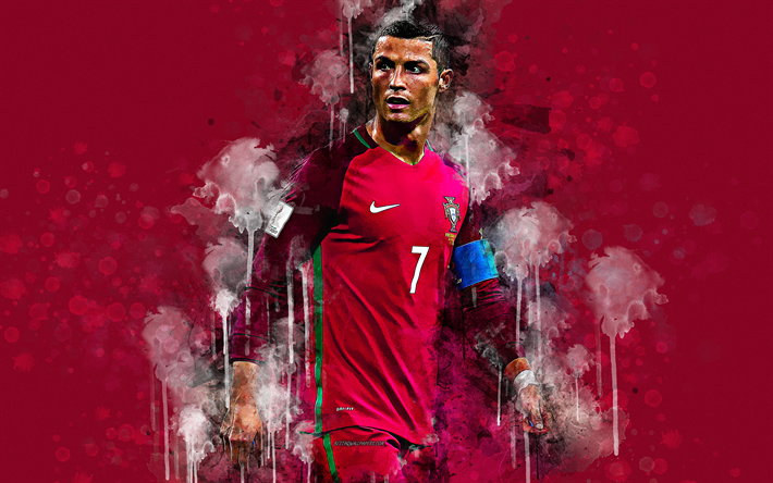 Cristiano Ronaldo, l&#39;arte, la pittura di spruzzo, 4k, splash art, calciatore portoghese, arte creativa, Portogallo nazionale di calcio, grunge, sfondo rosso, Portogallo