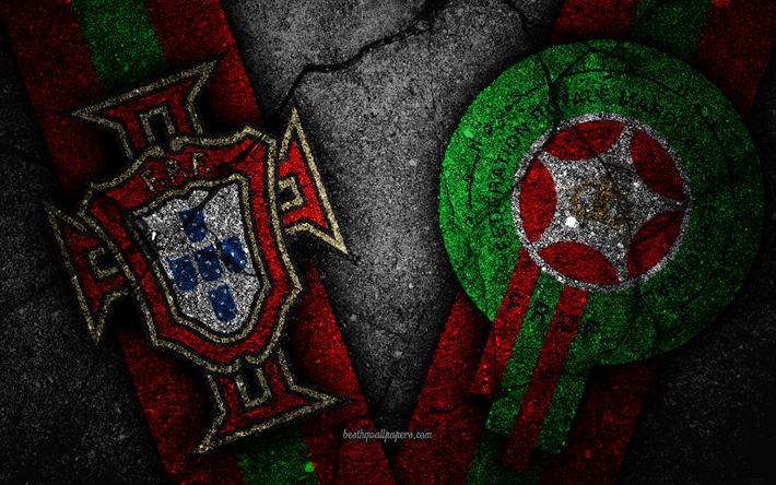 Portugal vs Marruecos, 4k, Copa Mundial de la FIFA 2018, el Grupo B, el logo de Rusia 2018, la Copa Mundial de F&#250;tbol, Marruecos equipo de f&#250;tbol, equipo de f&#250;tbol de Portugal, negro, piedra, asfalto textura