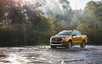 Ford Ranger Wildtrak, 2018, American pickup truck, exterior, front view, new gold Ranger, SUV, American cars, Ford