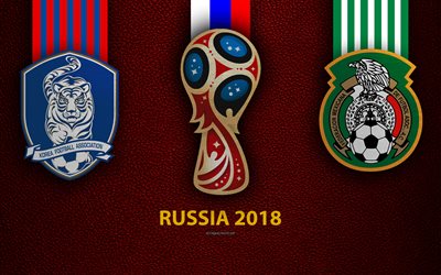 South Korea vs Mexico, 4k, Group F, football, logos, 2018 FIFA World Cup, Russia 2018, burgundy leather texture, Russia 2018 logo, cup, South Korea, Mexico, national teams, football match
