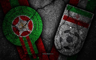 Marocko vs Iran, 4k, FOTBOLLS-Vm 2018, Grupp B, logotyp, Ryssland 2018, Fotbolls-Vm, Marocco fotboll, Iran fotboll, svart sten, asfalt konsistens