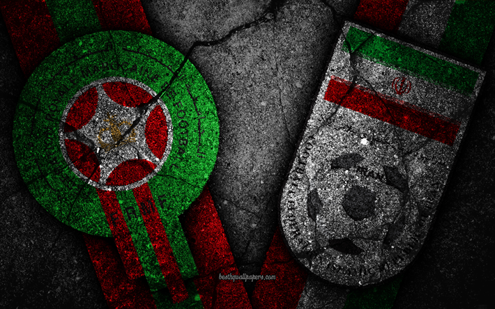 المغرب vs إيران, 4k, كأس العالم لكرة القدم عام 2018, المجموعة B, شعار, روسيا 2018, كأس العالم لكرة القدم, المغرب فريق كرة القدم, فريق كرة القدم إيران, الحجر الأسود, الأسفلت الملمس