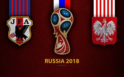 Japonya vs Polonya, 4k, Grup H, futbol, logo, 2018 FIFA D&#252;nya Kupası, 2018 Rusya, bordo deri dokusu, Rusya 2018 logosu Kupası, Japonya, Polonya, Milli Takım, futbol ma&#231;ı