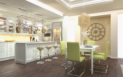 modern stylish kitchen interior, modern design, green chairs, kitchen design, large clock on the wall