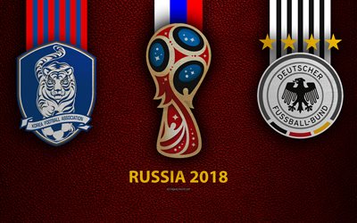 south korea vs deutschland, 4k, gruppe f, fu&#223;ball, logos, 2018 fifa world cup russia 2018, weinrotem leder-textur, russland 2018-logo, cup, s&#252;d-korea, deutschland, nationalmannschaften, fu&#223;ball-l&#228;nderspiel