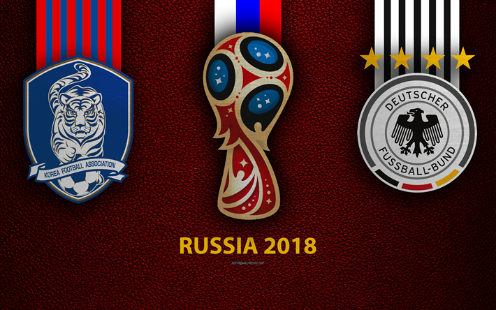 Corea del sur vs Alemania, 4k, el Grupo F, el f&#250;tbol, logotipos, 2018 Copa Mundial de la FIFA Rusia 2018, borgo&#241;a textura de cuero, Rusia 2018 logotipo, taza, Corea del Sur, Alemania, los equipos nacionales, partido de f&#250;tbol