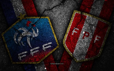 Frankrike vs Peru, 4k, FOTBOLLS-Vm 2018, Grupp C, logotyp, Ryssland 2018, Fotbolls-Vm, France football team, Peru fotboll, svart sten, asfalt konsistens
