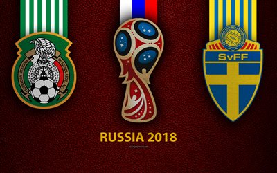 Mexique vs Su&#232;de, 4k, le Groupe F, le football, le 26 juin 2018, logos, 2018 la Coupe du Monde FIFA, Russie 2018, en cuir bordeaux de la texture, de la Russie 2018 logo, de la coupe, du Mexique, de la Su&#232;de, &#233;quipe nationale, match de footb