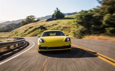 Porsche 718 Cayman GTS, 4k, yol, 2019 arabalar, s&#252;per arabalar, sarı Porsche Cayman, Alman otomobil, Porsche