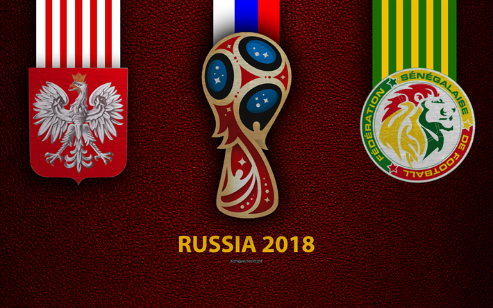 Polonia vs Senegal, 4k, el Grupo H, el f&#250;tbol, el 19 de junio de 2018, logotipos, 2018 Copa Mundial de la FIFA Rusia 2018, borgo&#241;a textura de cuero, Rusia 2018 logotipo de cup, Polonia, Senegal, los equipos nacionales, partido de f&#250;tbol