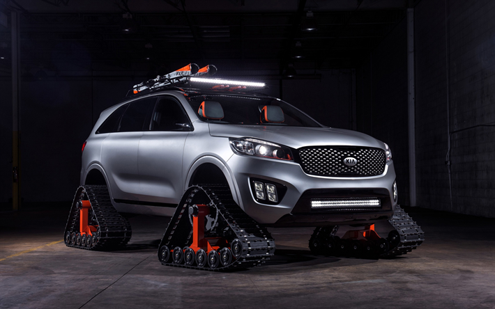 Kia Sorento, 2018, SUV on caterpillars, tuning, exterior, gray Sorento, Korean cars, Kia