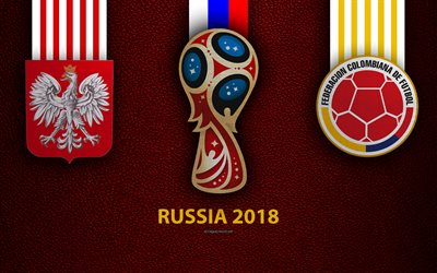 Poland vs Colombia, 4k, Group H, football, 26 June 2018, Kazan Arena, logos, 2018 FIFA World Cup, Russia 2018, burgundy leather texture, Russia 2018 logo, cup, Poland, Colombia, national teams, football match