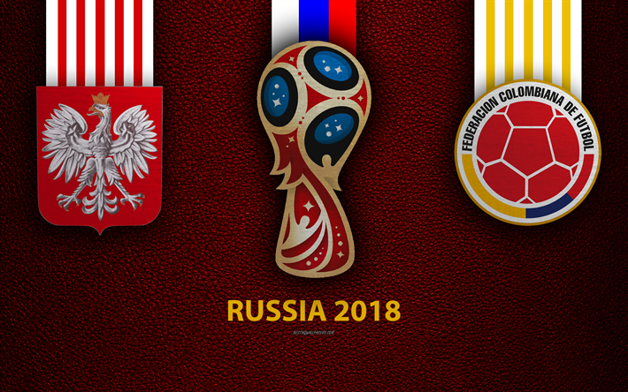 Pologne vs Colombie, 4k, le Groupe H, le football, le 26 juin 2018, Kazan Arena, logos, 2018 la Coupe du Monde FIFA, Russie 2018, en cuir bordeaux de la texture, de la Russie 2018 logo, la coupe, la Pologne, la Colombie, les &#233;quipes nationales, match