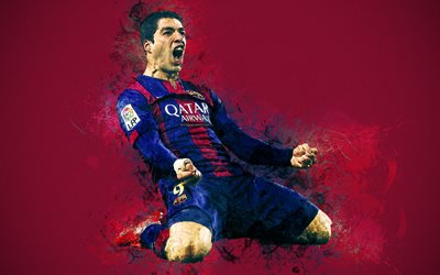 Luis Suarez, arte, 4k, calciatore Uruguaiano, Barcellona FC, vernice, linee luminose, grunge, sfondo rosso