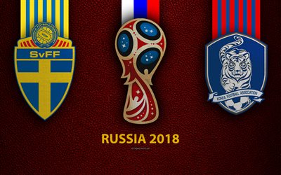schweden vs south korea, 4k, gruppe f, fu&#223;ball, 18 juni 2018, logos, 2018 fifa world cup russia 2018, weinrotem leder-textur, russland 2018-logo, tasse, schweden, s&#252;dkorea, national-teams, fu&#223;ball-l&#228;nderspiel