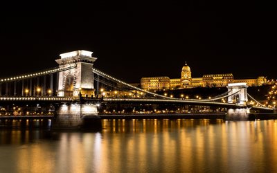 Chain Bridge, Budapest, evening, Danube River, city lights, Hungary, bridge