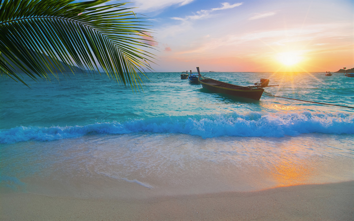 mattina, sunrise, Thailandia, isole tropicali, estate, barche, mare, spiaggia, onde