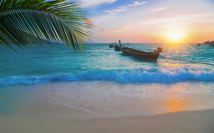 morning, sunrise, Thailand, tropical islands, summer, boats, ocean, beach, waves