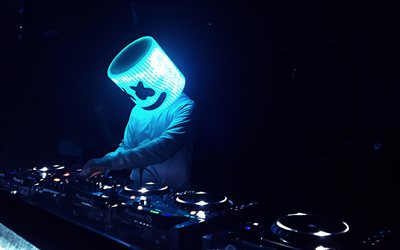 DJ Marshmello, EDM, fiesta, azul, luz de ne&#243;n, la m&#250;sica electr&#243;nica, Chris Comstock, DJ console